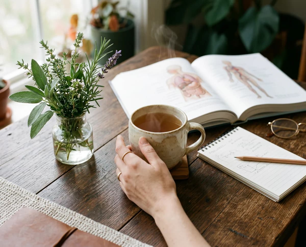 Schreibtisch mit einer Hand an einer Tasse Tee, daneben Fachbuch und frische Wildkräuter